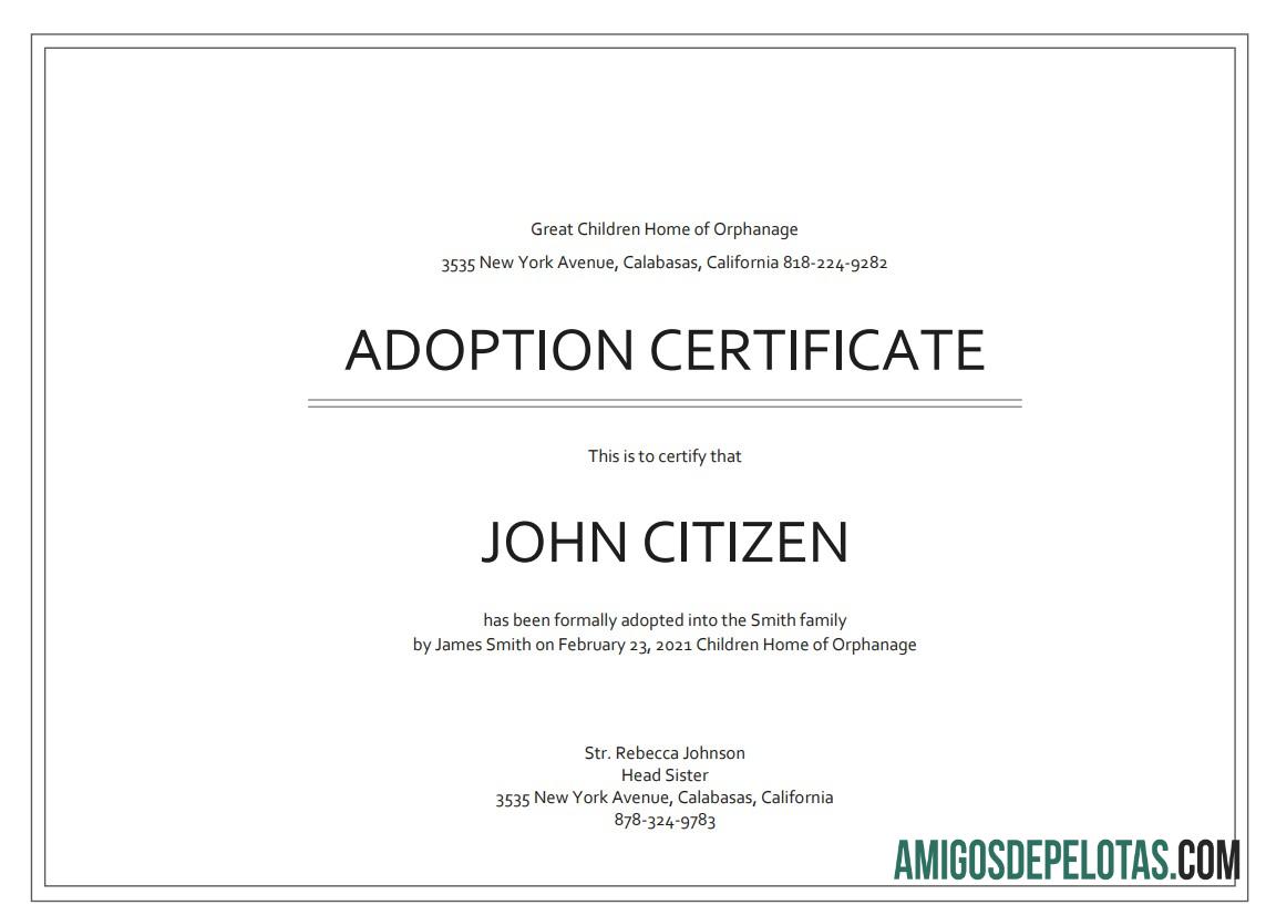 Certificado de Adoção nos EUA exemplo